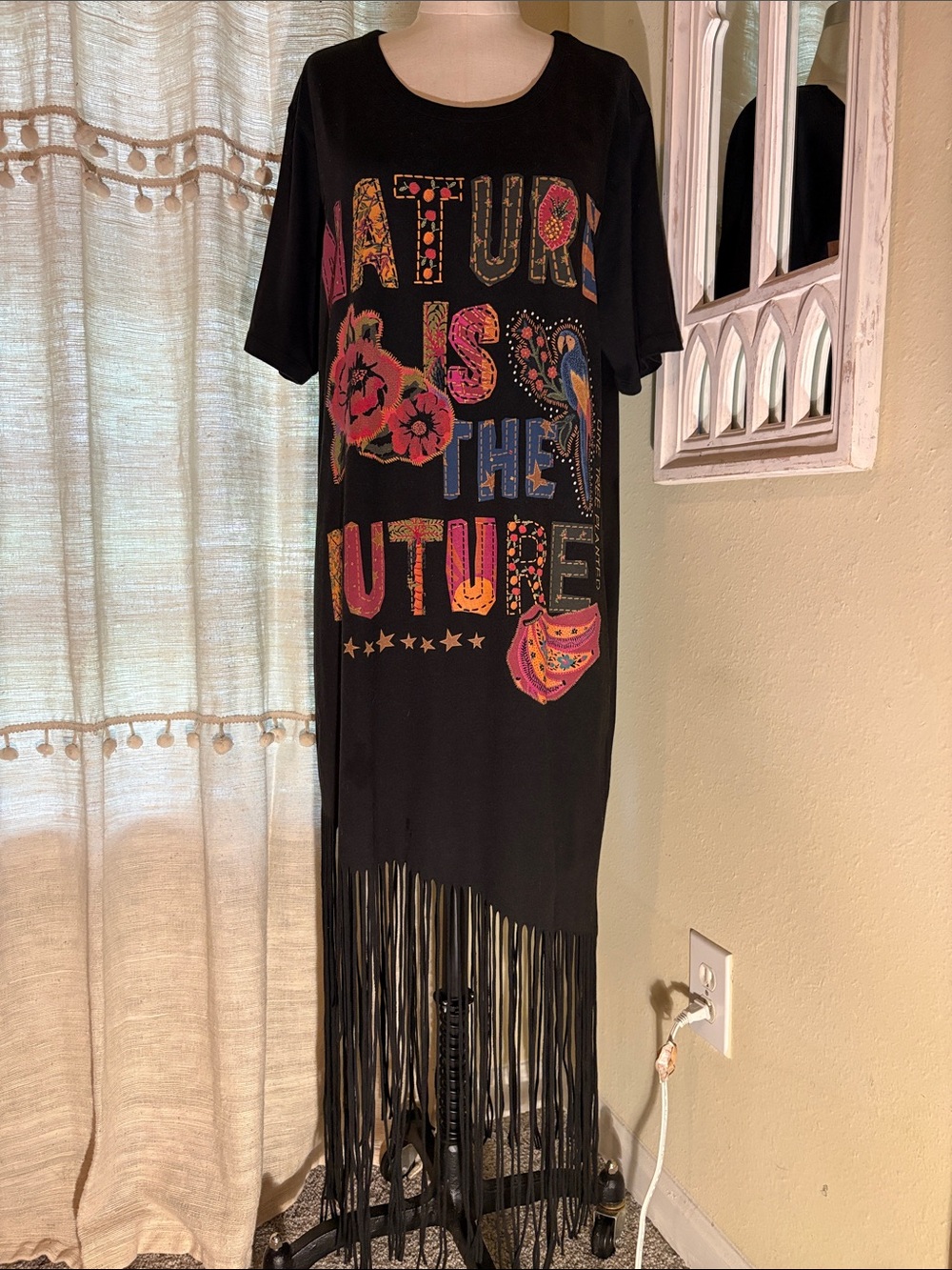 FARM Rio Black Midi Dress with Multicolor Graphic Text & Fringe Hem